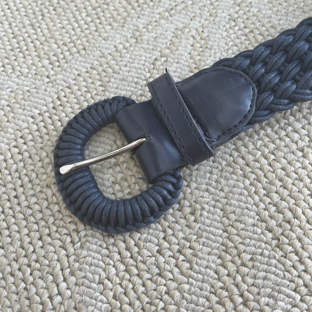 Vintage Navy Blue Braided Preppy 1 3/4” Wide Leather Belt Size Large